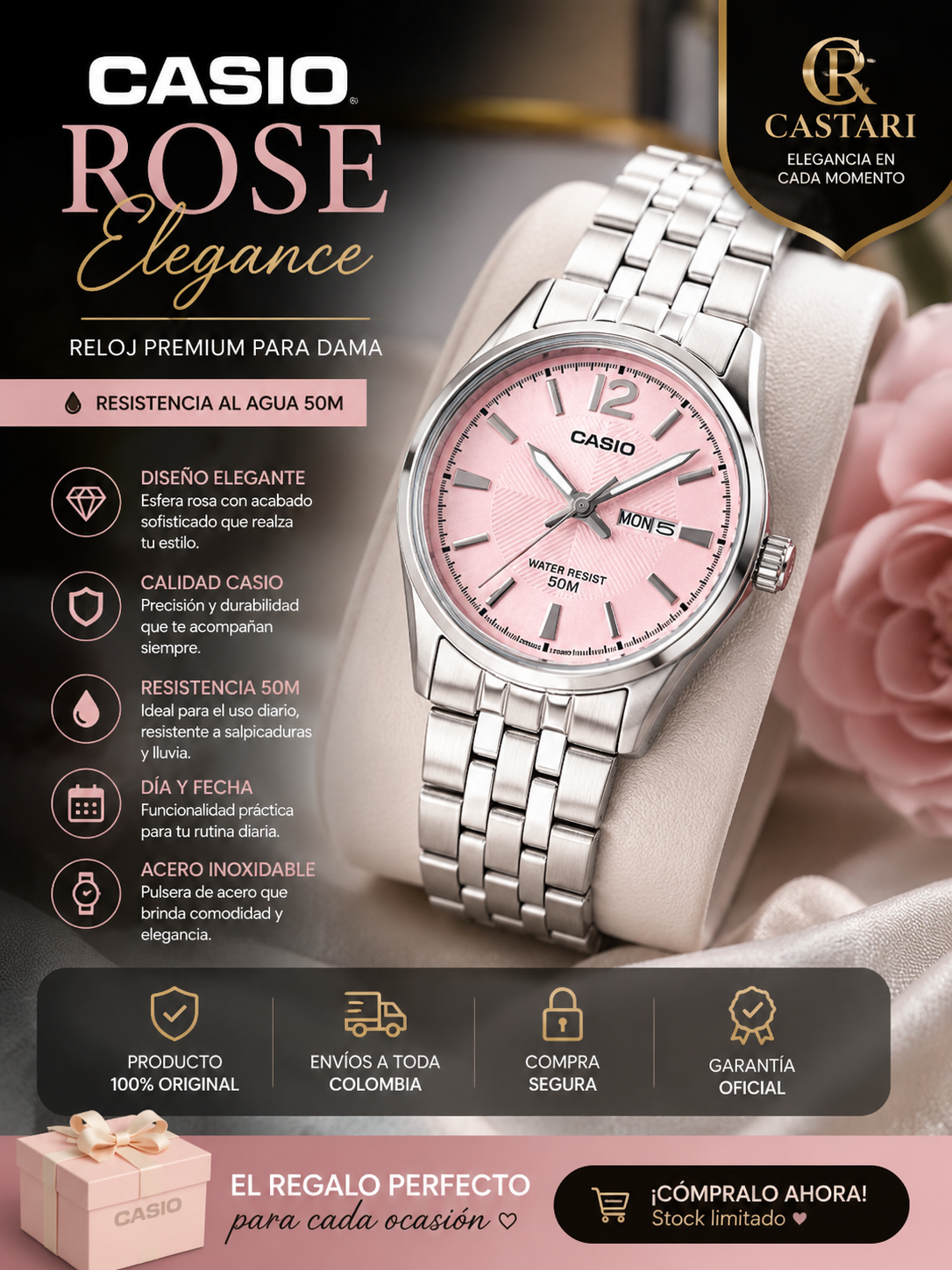 🌸 Casio Rose Elegance – Reloj Premium para Dama 50M