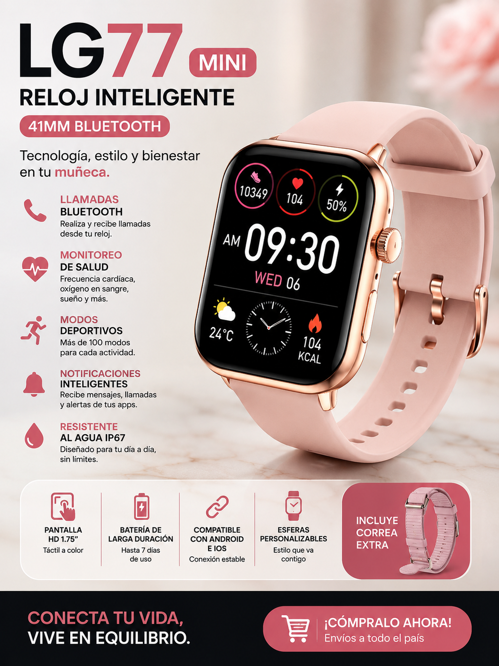 LG77 Mini 41mm Smartwatch Bluetooth | Diseño Compacto, Llamadas y Monitoreo Inteligente