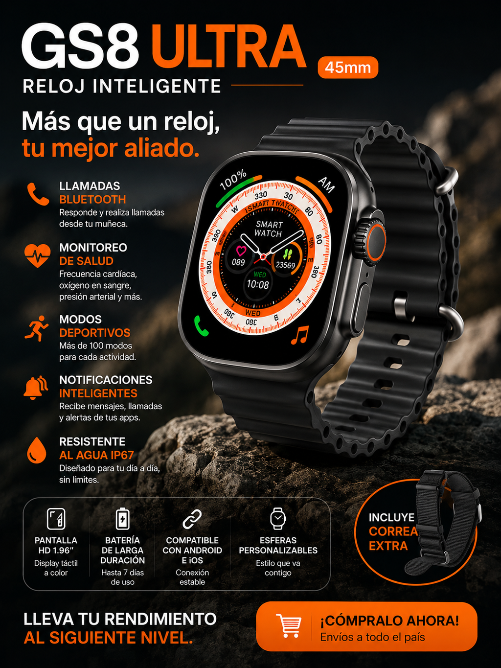 GS8 Ultra 45mm Smartwatch Bluetooth | Llamadas, Salud y Deporte en un Solo Reloj